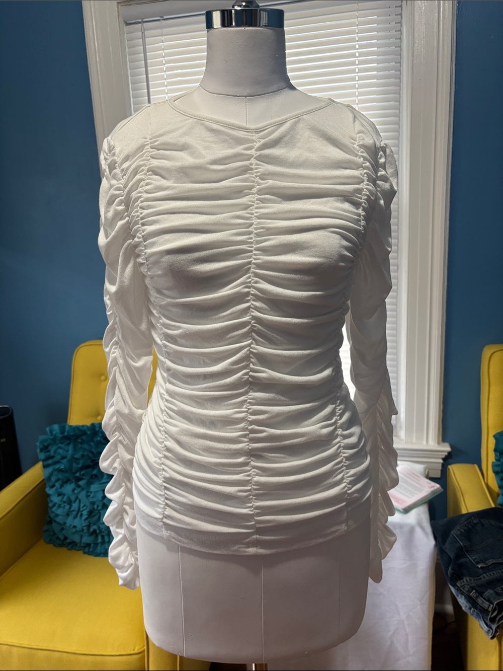 H&M White Ruched Long-Sleeve Top